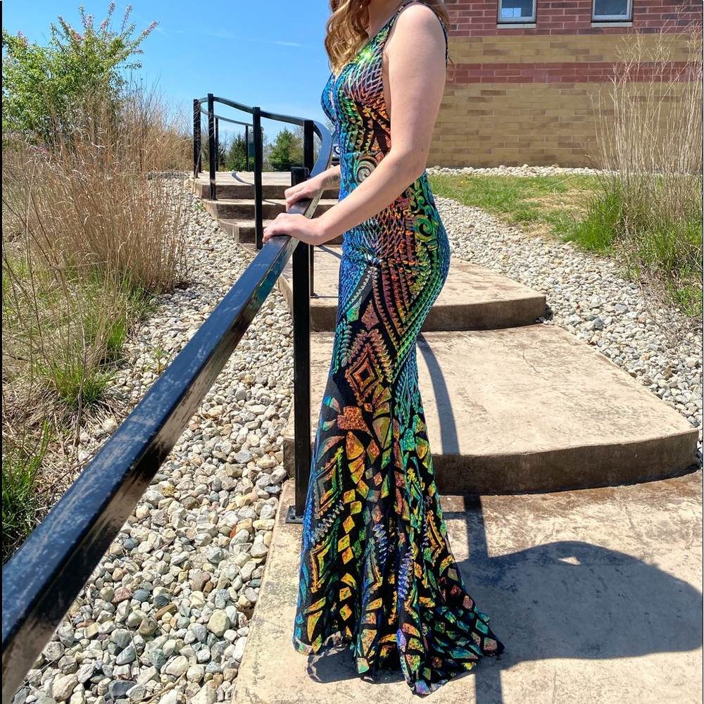 FITTED SEQUIN CHROME PROM DRESS WITH TRAIN (WORN ONCE)
